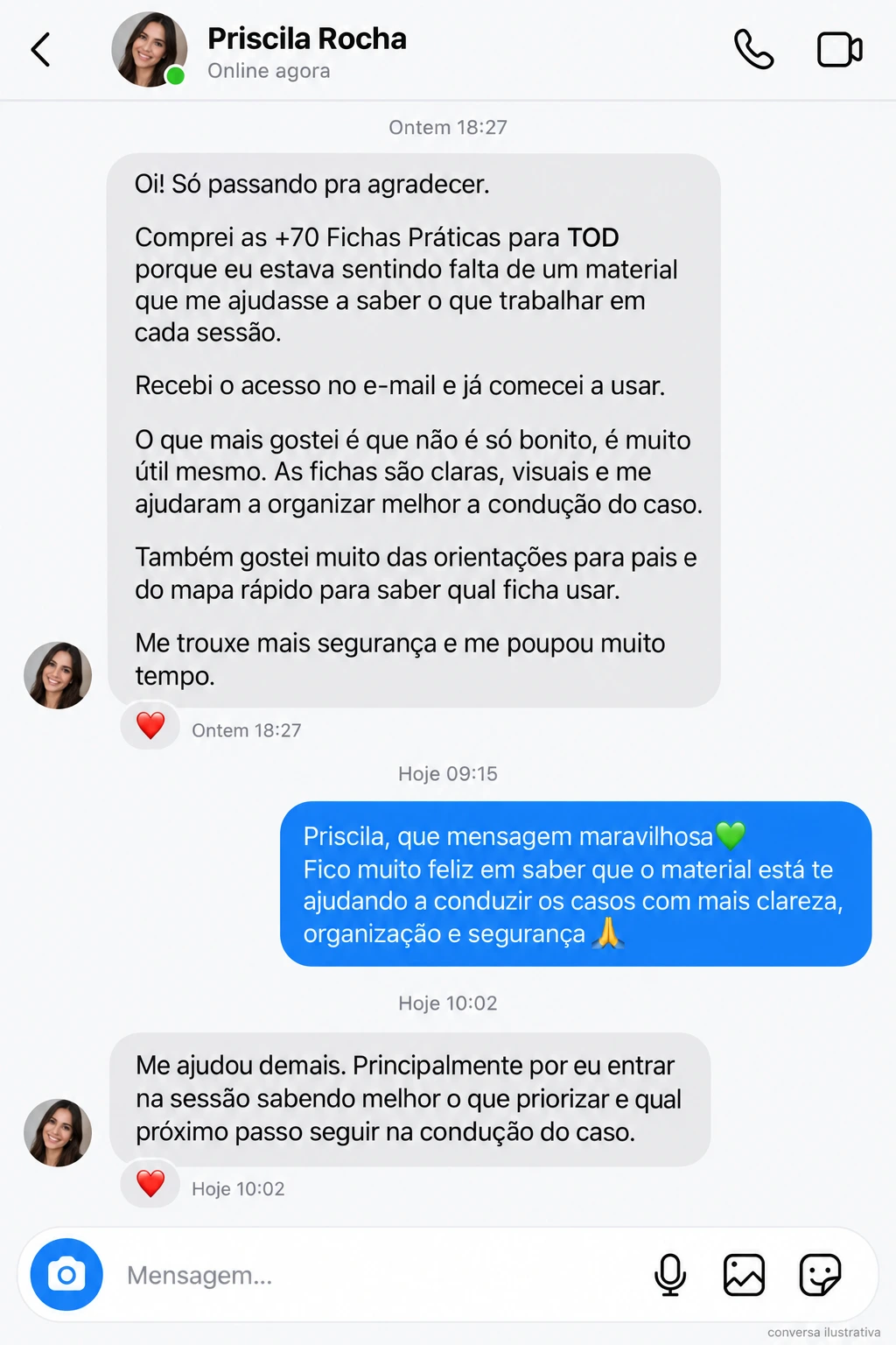 Print de conversa de psicóloga sobre as fichas práticas para TOD